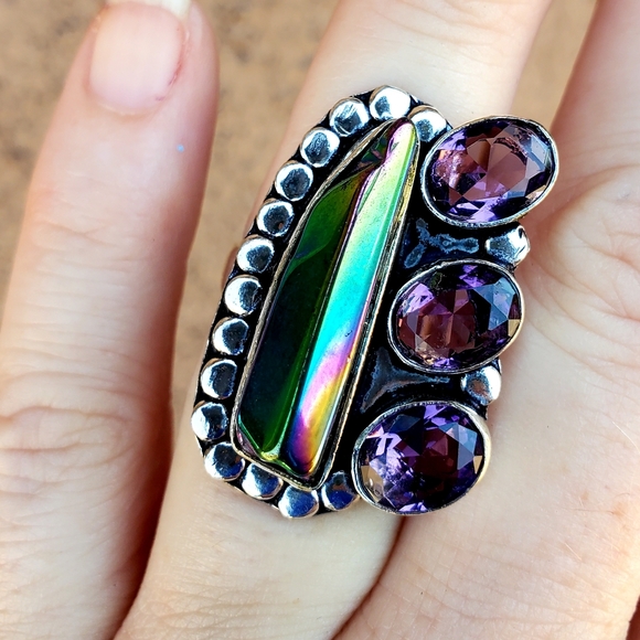 New Rainbow Hematite and Amethyst 925 Silver Ring. - Picture 7 of 16